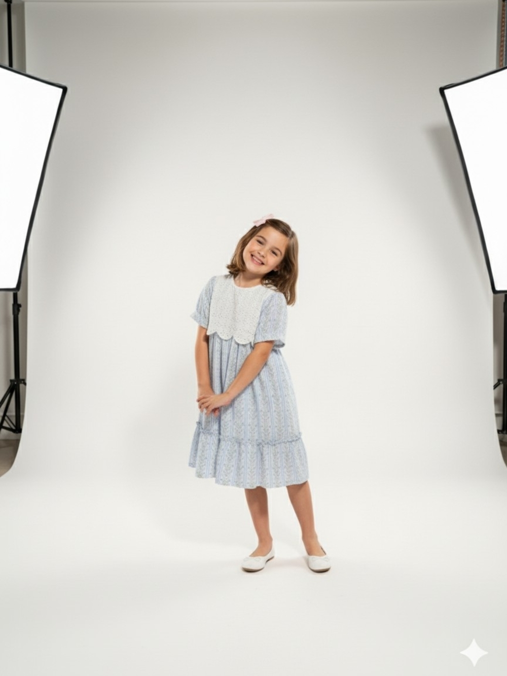Girls' Blue Floral Tiered Dress with Lace Bib